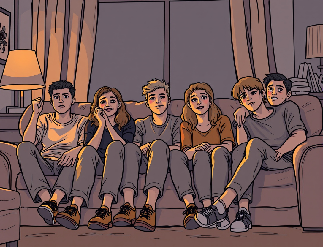 Mixed group of viewers reacting differently to a scary movie scene.