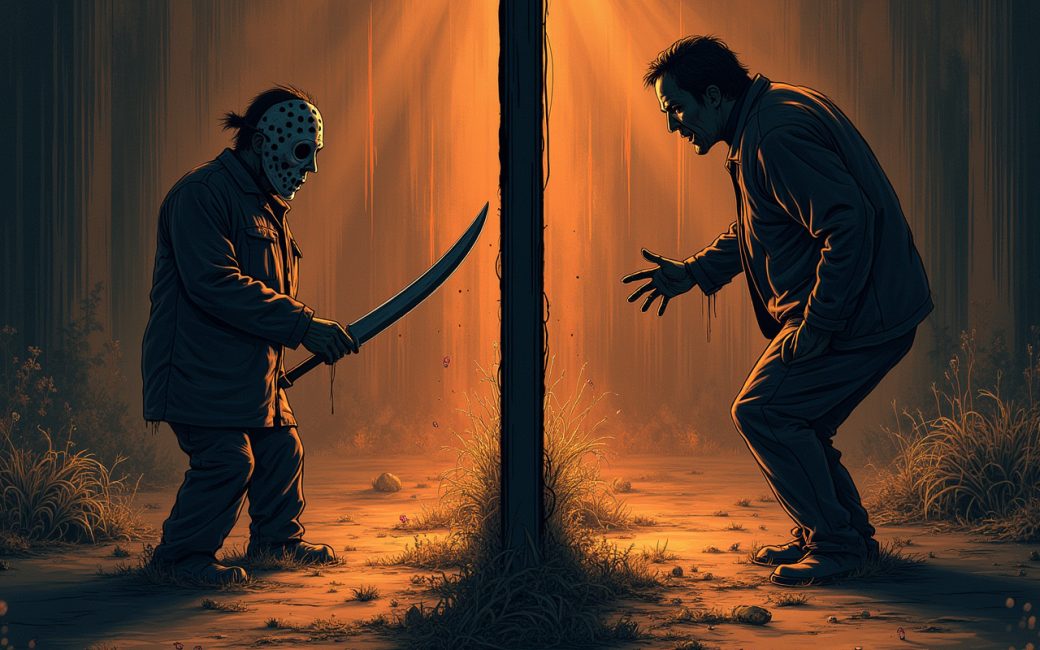 Split horror movie scenes contrasting jump-scare versus psychological dread