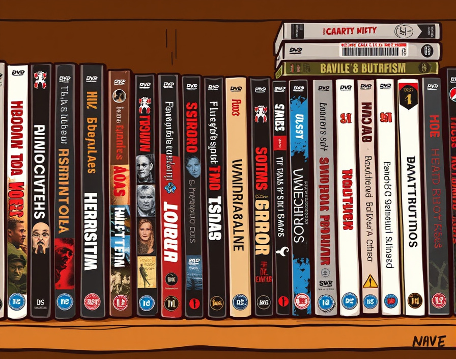 Collection of horror movie physical media displayed on a shelf.