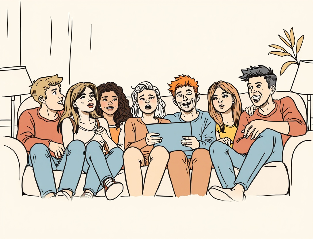 Group of friends watching a horror film with varied reactions
