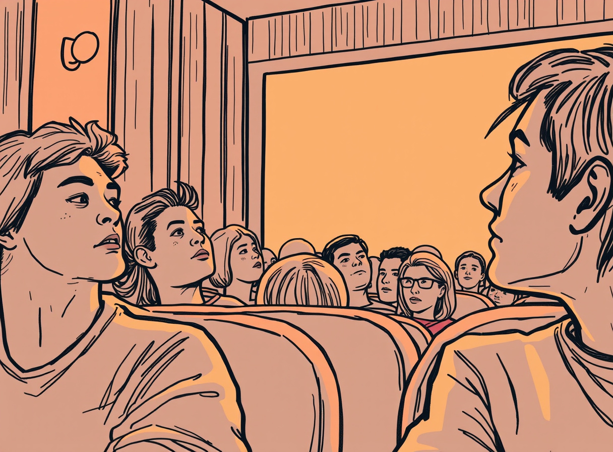 Audience member reacting with tension during a horror film screening