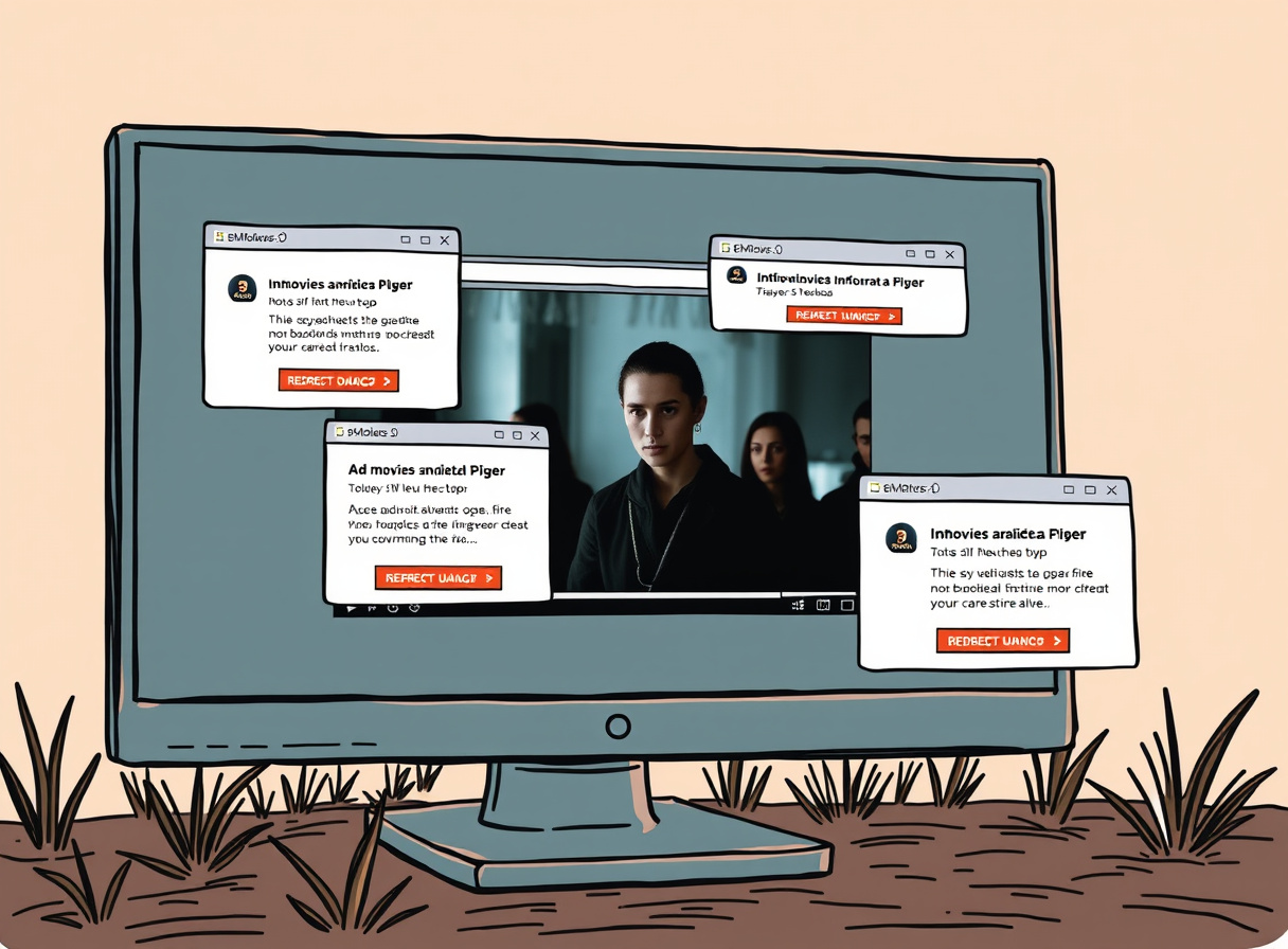 Browser window overwhelmed with pop-up ads and redirect notifications during video playback