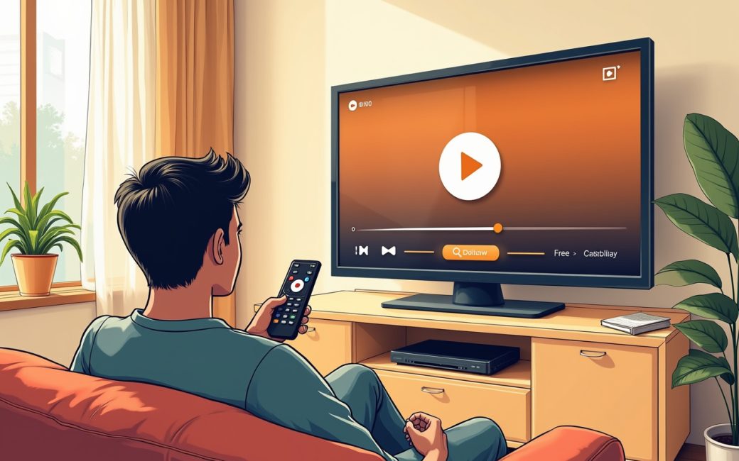 Person on couch watching a free streaming movie on TV with ad banner visible