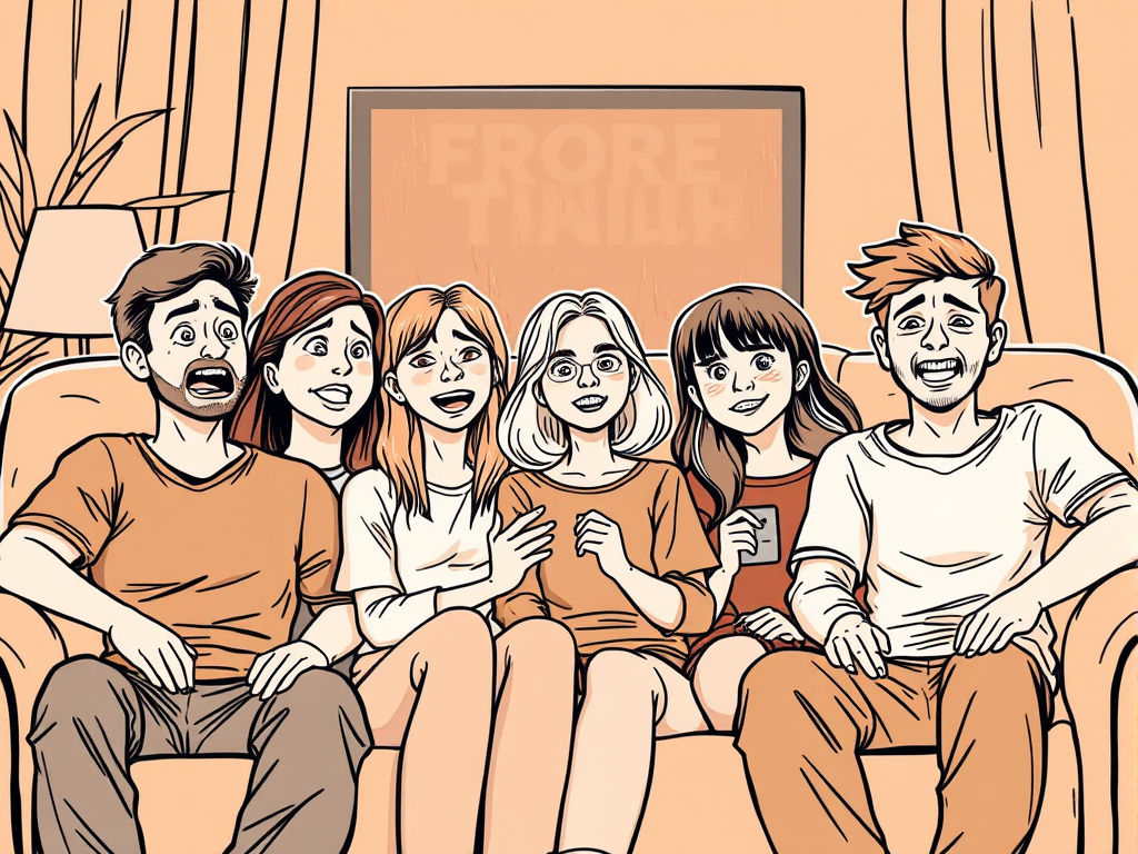 Group watching a horror movie with mixed reactions