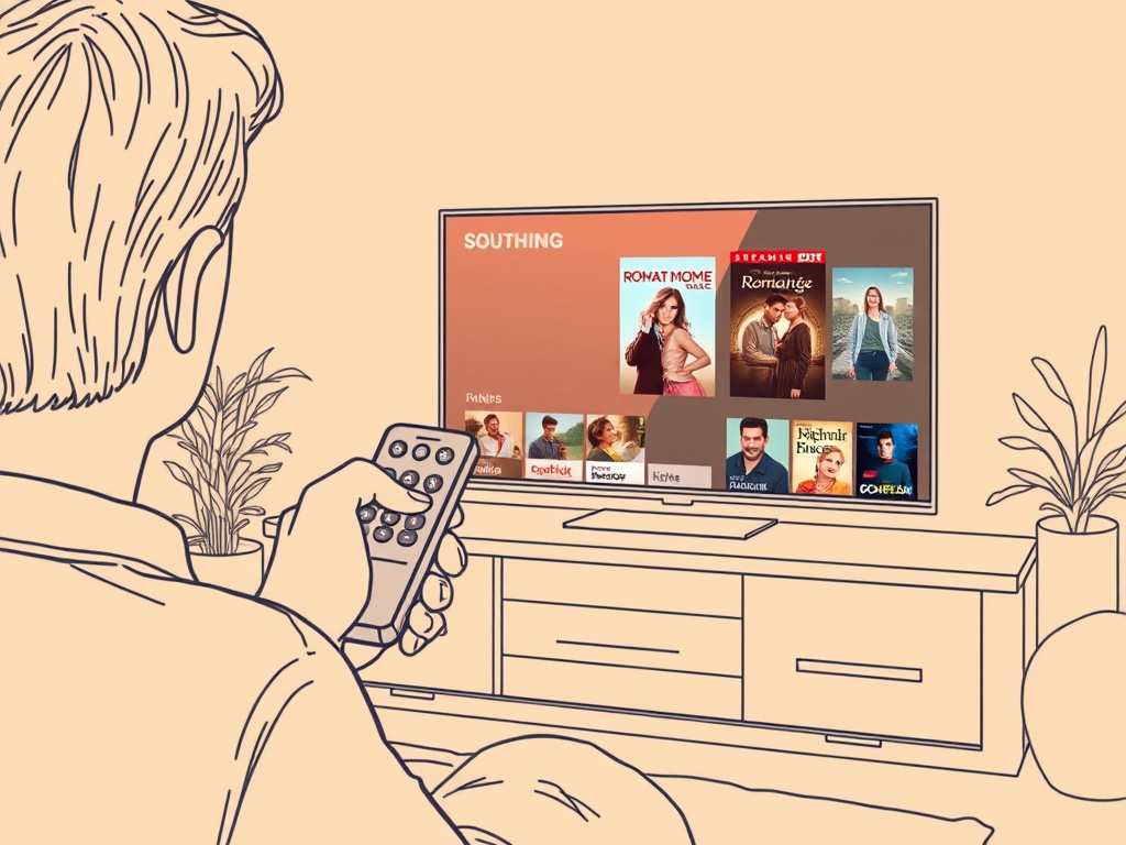 A viewer searches for a romantic movie title on a streaming app using a remote control.