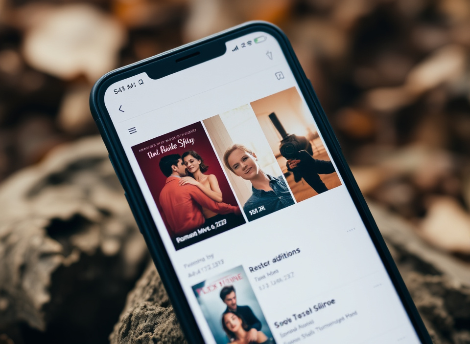 A smartphone displays a streaming service catalogue showing romantic films with their release years.