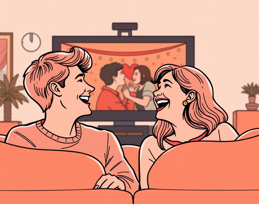 A couple laughs together while watching a romantic comedy with a lighthearted mood.