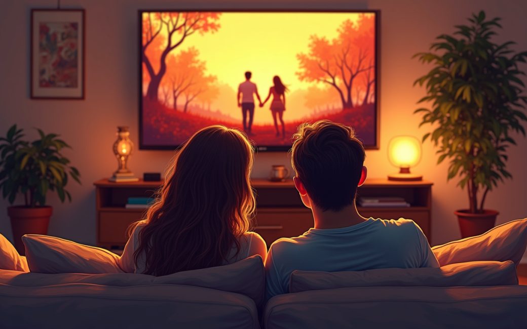 A couple watches a romantic film together on their couch during a cozy date night at home.